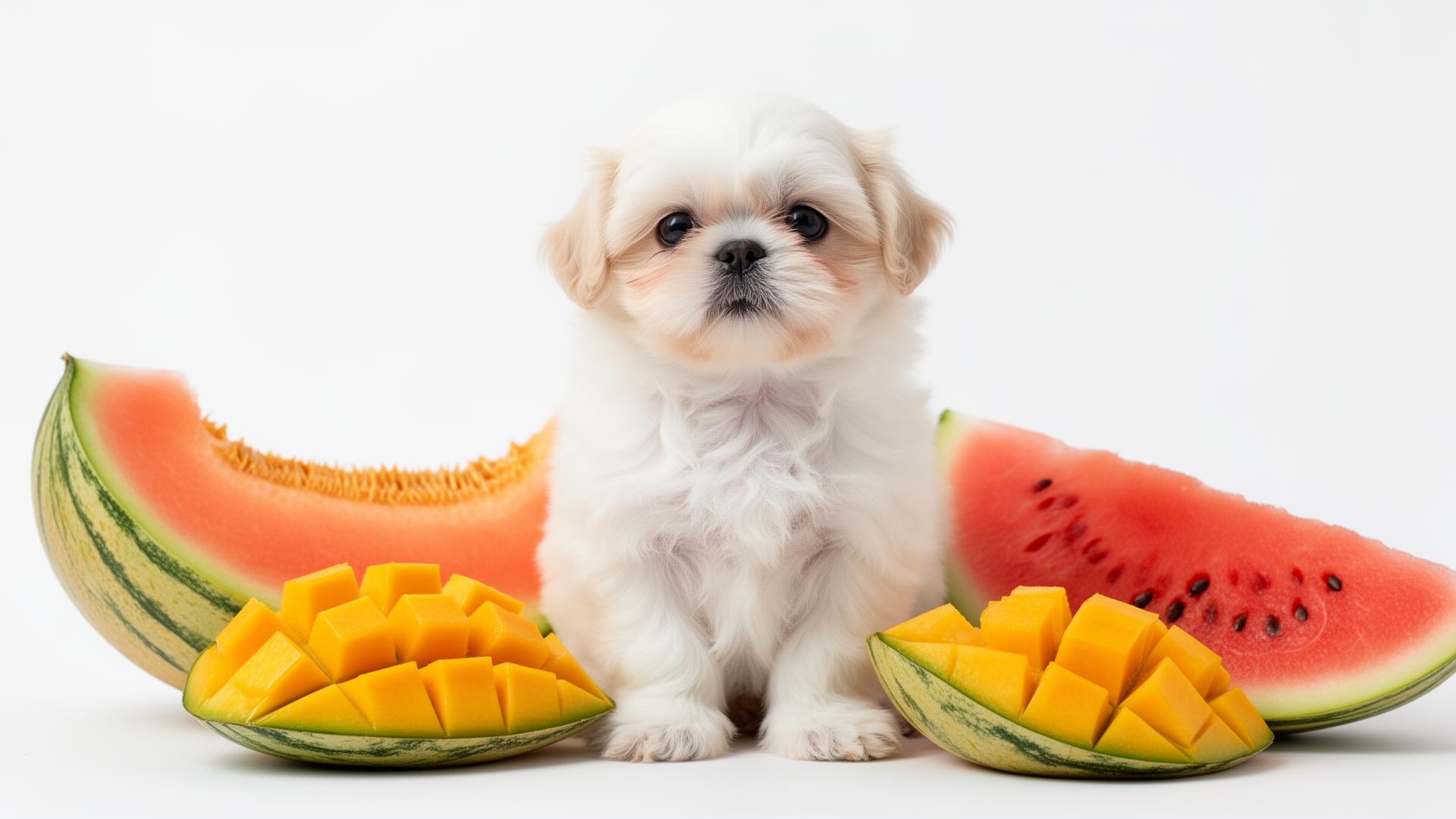 Cachorro filhote com frutas - melão, melancia e manga