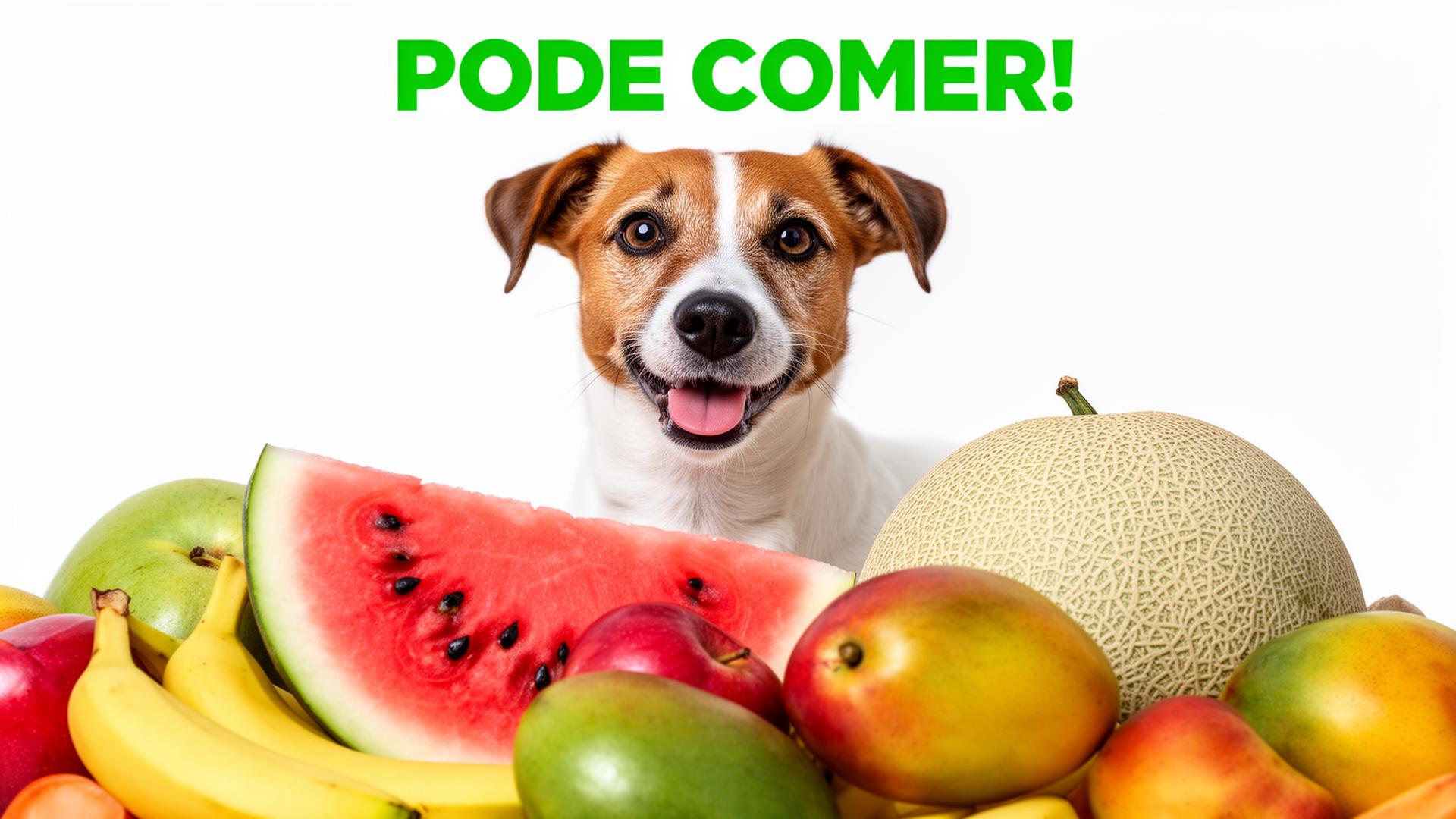 Cachorro com frutas que pode comer - melancia, banana, maçã, manga e melão
