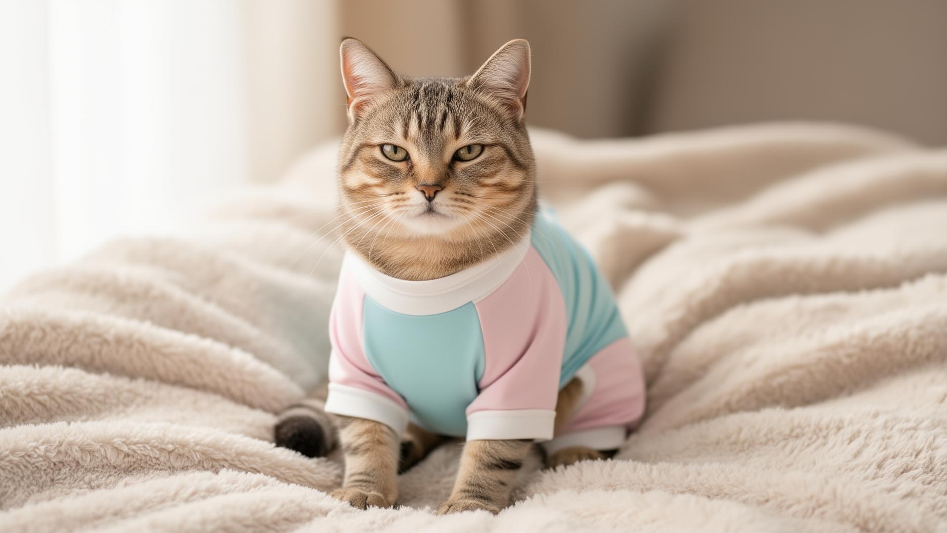 Gato com roupa pós-cirúrgica após castração