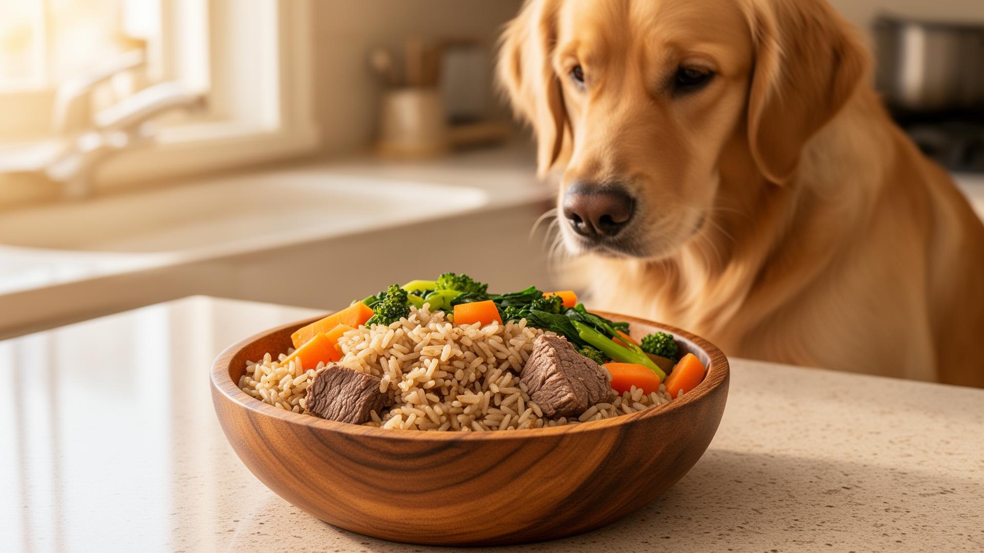 Comida caseira para cachorro - golden retriever olhando para tigela de comida natural