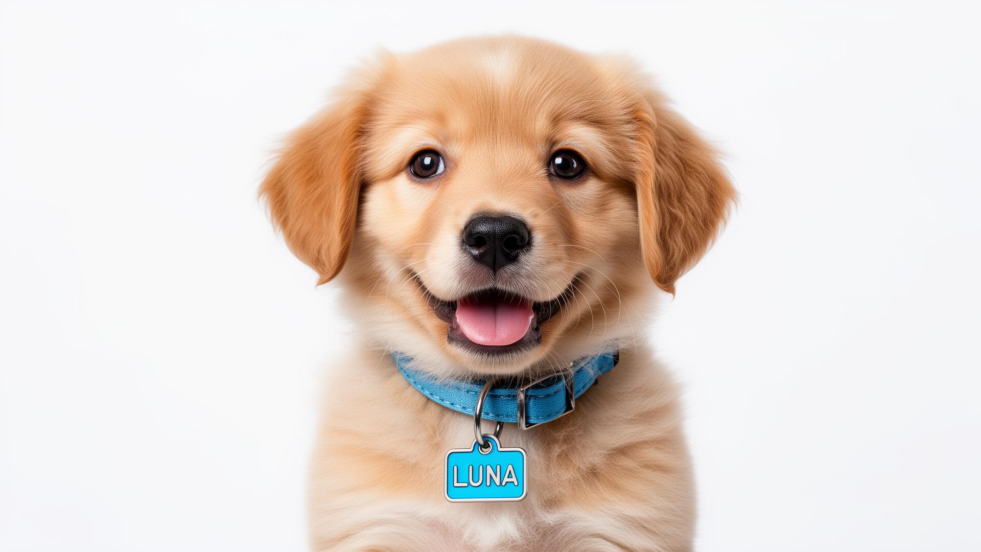 Cachorrinha filhote com coleira escrito LUNA