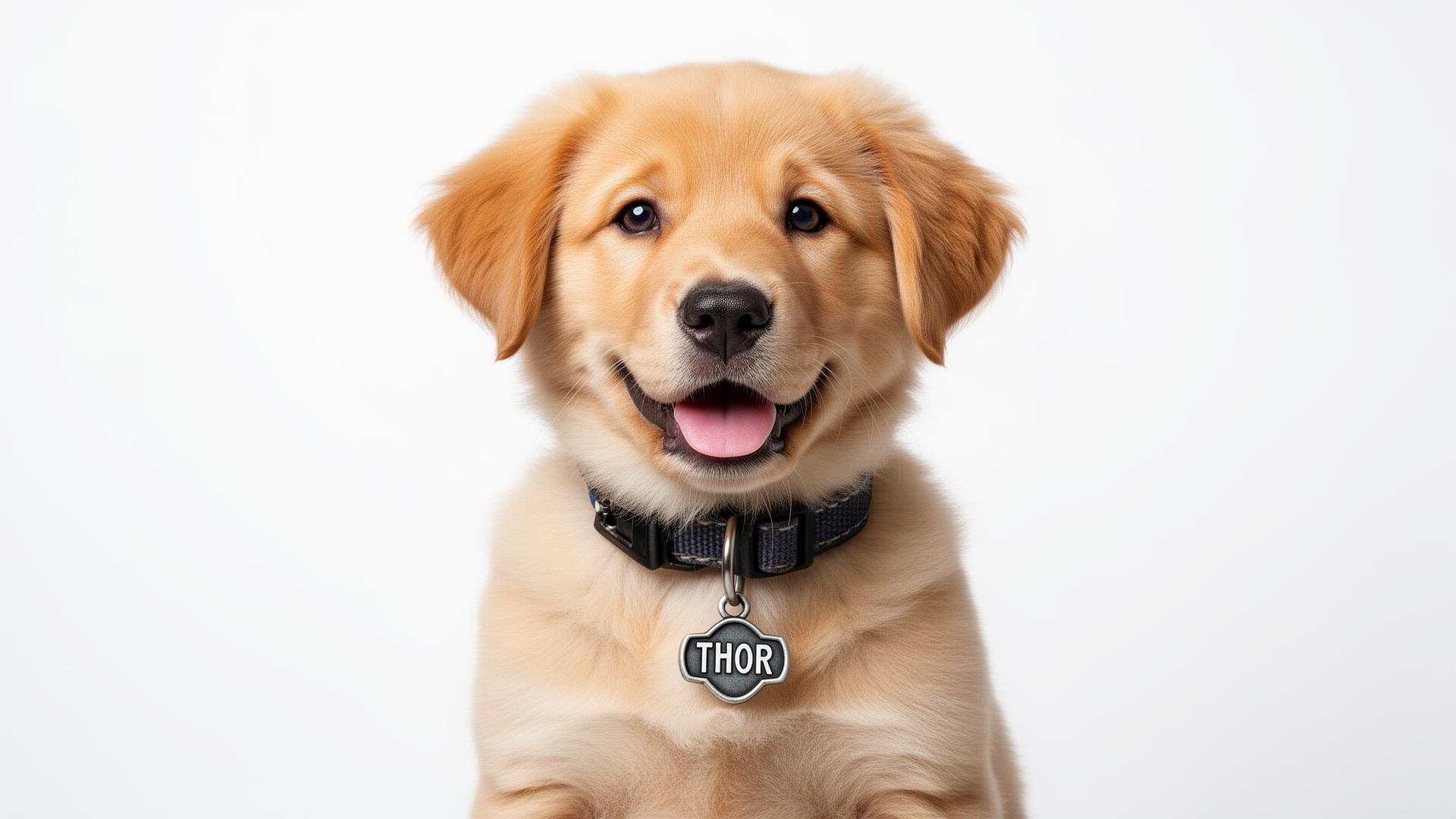Cachorrinho filhote com coleira escrito THOR