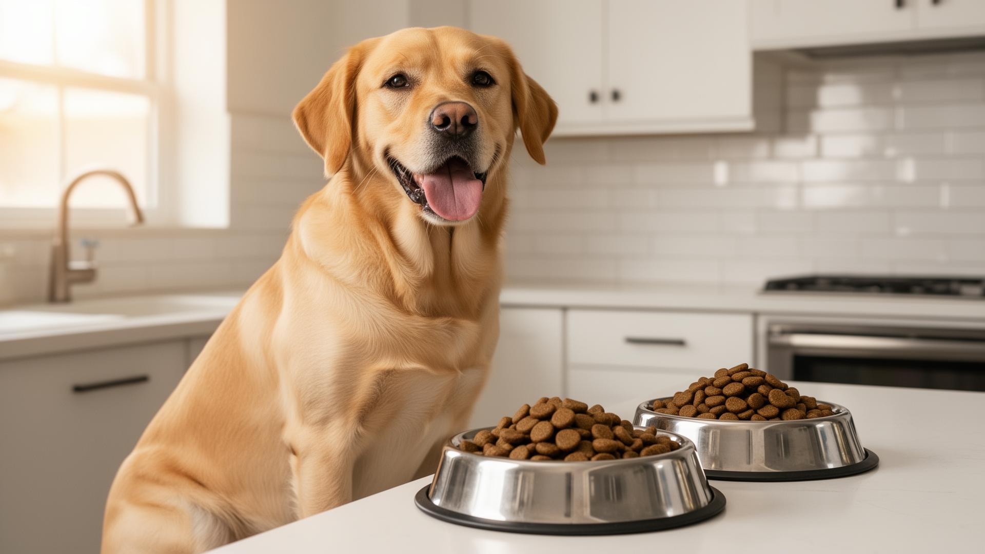 Cachorro adulto feliz com tigelas de ração premium