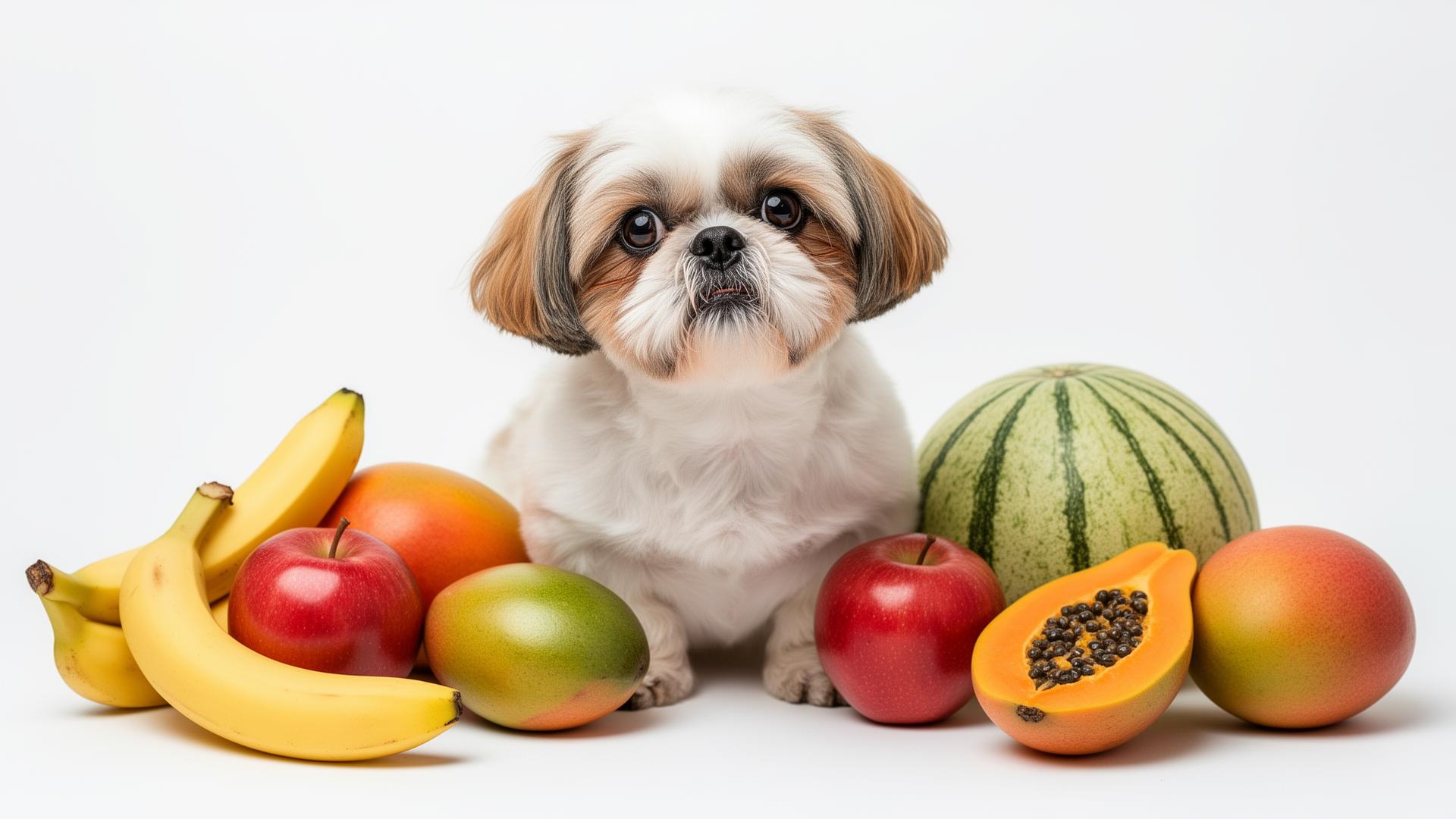 Shih Tzu com frutas - banana, maçã, melancia, manga, melão e mamão